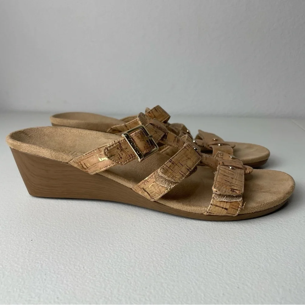 Vionic Tan Strappy Radia Cork Wedges Shoes Size 8